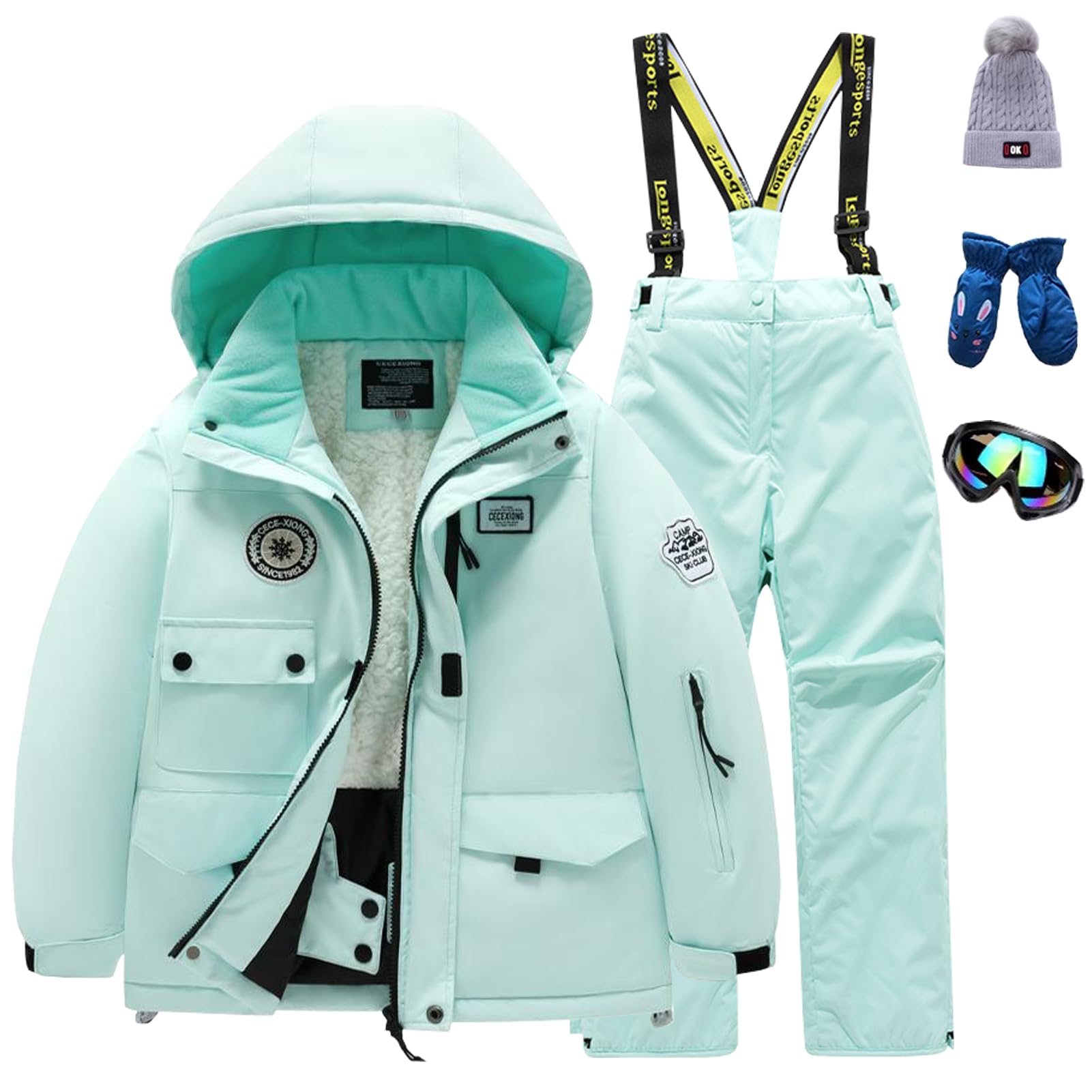 Combinaison de Ski Enfant Fille Ensemble 5pcs Veste+Pantalon+Chapeau+Gants+Lunettes Costume de Neige Garçon