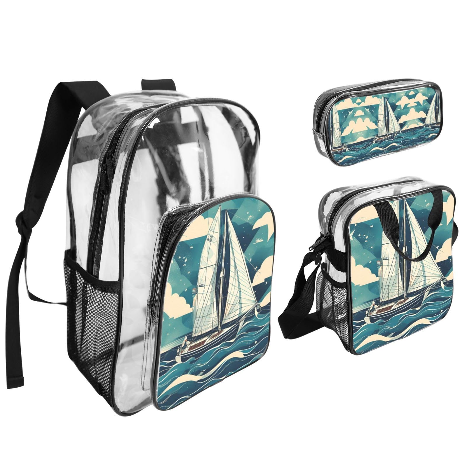 Ocean Sailboat Zaino Stampato Set 3 in 1 Trasparente Borsa Set Per Scuola Lavoro Stadio Eventi E Trasporto quotidiano