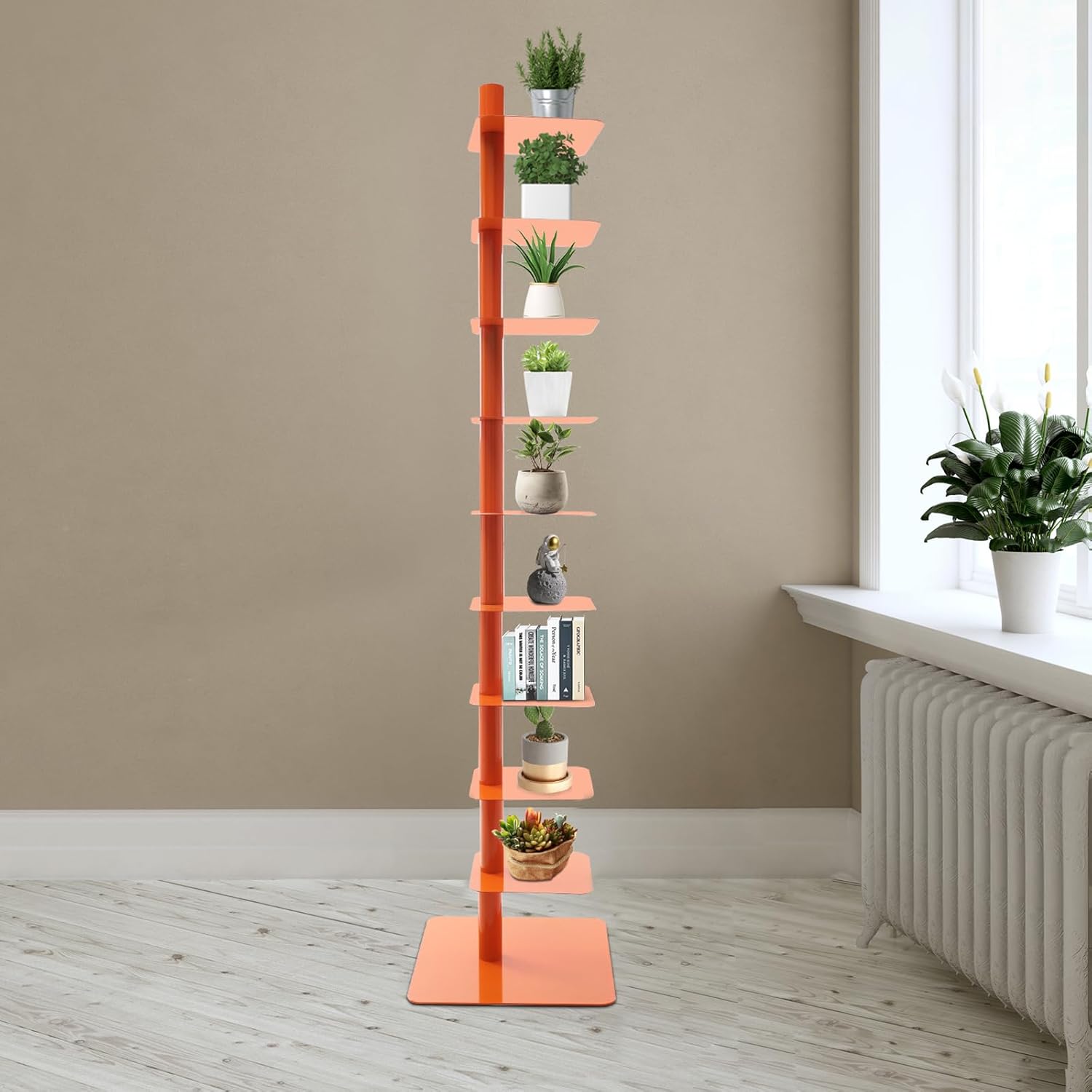 Eapmic Rotating Spine Bookshelf, 9 Tier Vertical Spine Book Tower, Metal Bookcase Organizer, Freestanding Book Shelf Storage Rack, Modern Tall Narrow Bookcase for Living Room Bedroom Office (Orange)