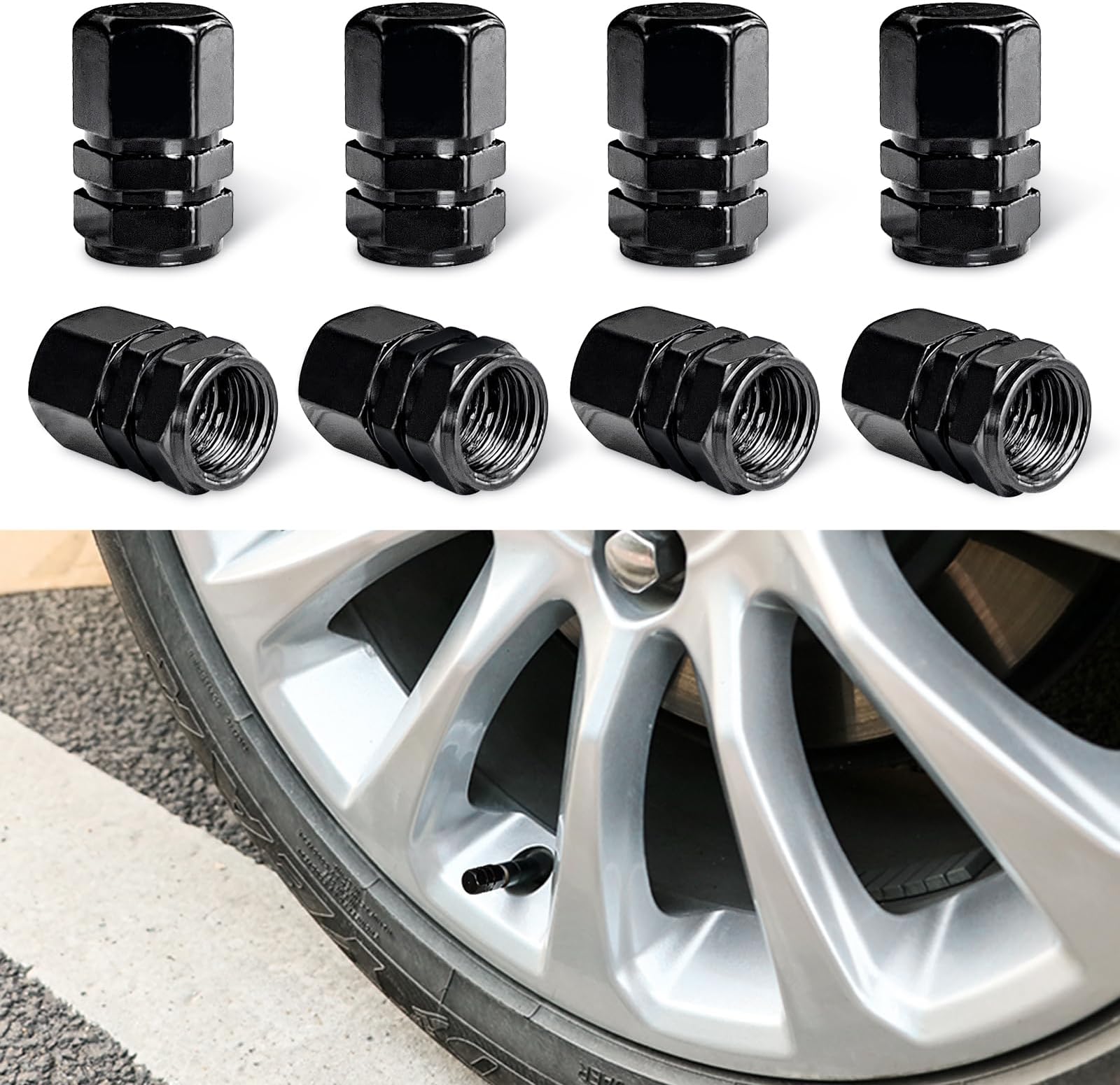 Ziciner 8 PCS Car Tire Valve Stem Caps, Aluminum Alloy Wheel Valve Covers with Rubber O-Ring, Corrosion Resistant Leak-Proof Tire Air Cap Set, Universal for SUV, Truck, Motorcycle, Bike (Black)