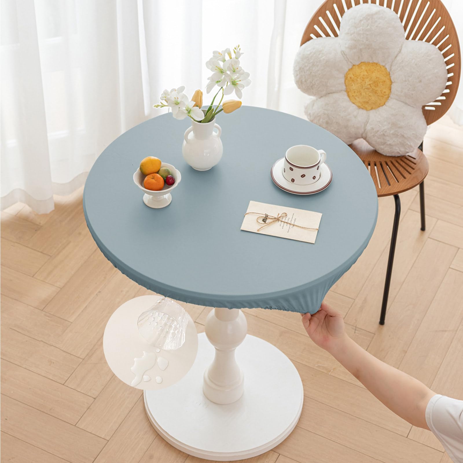 Morbuy Round Tablecloth Outdoor Wipe Clean Waterproof PU Leather Table Cloths Stain Resistant Wipeable Kitchen Table Cover with Elastic Edges for Home Party (Blue,Table Diameter 80cm)