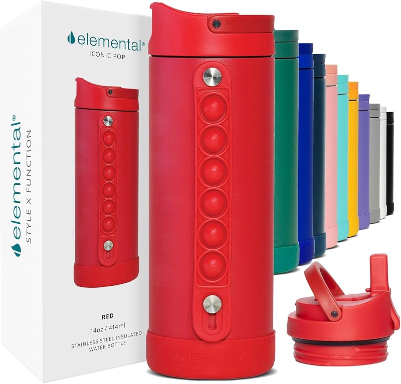 Elemental Iconic Botella de agua aislada para niños de 14 oz con pajita y asa desplegable | Botellas de agua aisladas, 100% a prueba de fugas cuando están cerradas, con aislamiento de triple pared y materiales sin BPA para uso diario