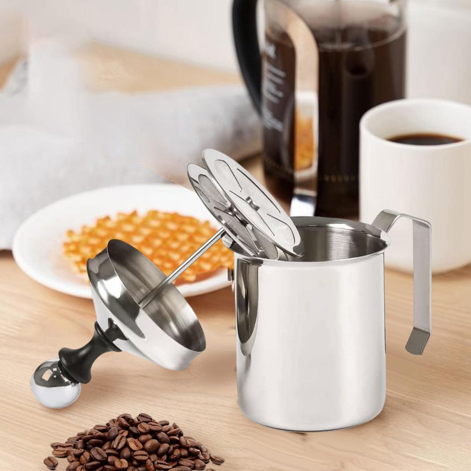 10 Montalatte | Schiumalatte con Pompa a Mano in Acciaio Inox - Brocca per Schiuma di caffè Latte Cappuccino con Manico, Coperchio, Filtro a Doppio Strato, Acciaio Inossidabile, capacità 17
