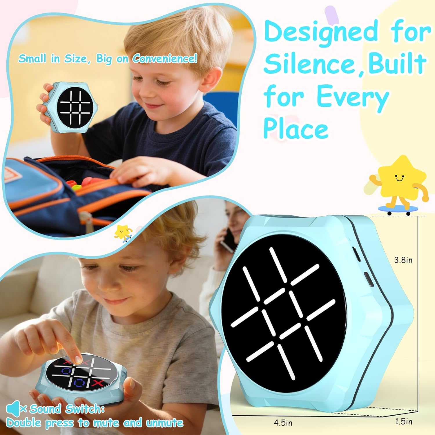 Electronic Tic Tac Toe Game, 5-in-1 Electric Tic Tac Toe with Mute & Rechargeable - Handheld Travel Board Game for Kids Ages 4+, Adults, Family - Educational Learning Toy for Boys Girls