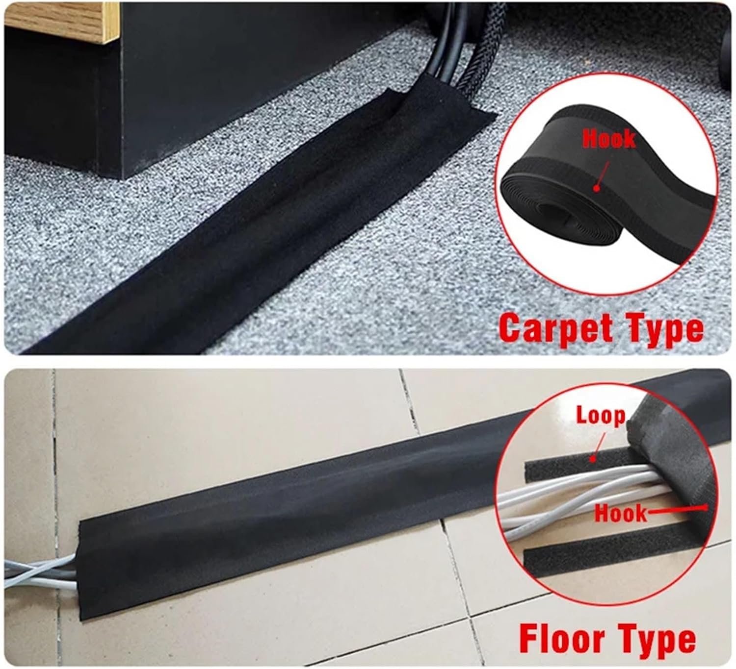 Cord Cover Floor 1M Cable Cover Sticky Wire Protector Floor Blanket Reusable Management Cord Tube for Floor/Carpet/Trunk/Desk(Gray)