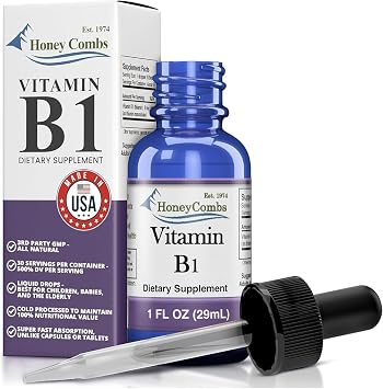 HoneyCombs Vitamin B1 Thiamine Mononitrate Supplement Drops, 1 Fl Oz | liquid Vitamin B1 drops for natural energy support. 500%DV Vegan, alcohol-free, non-GMO Thiamine made in the USA.