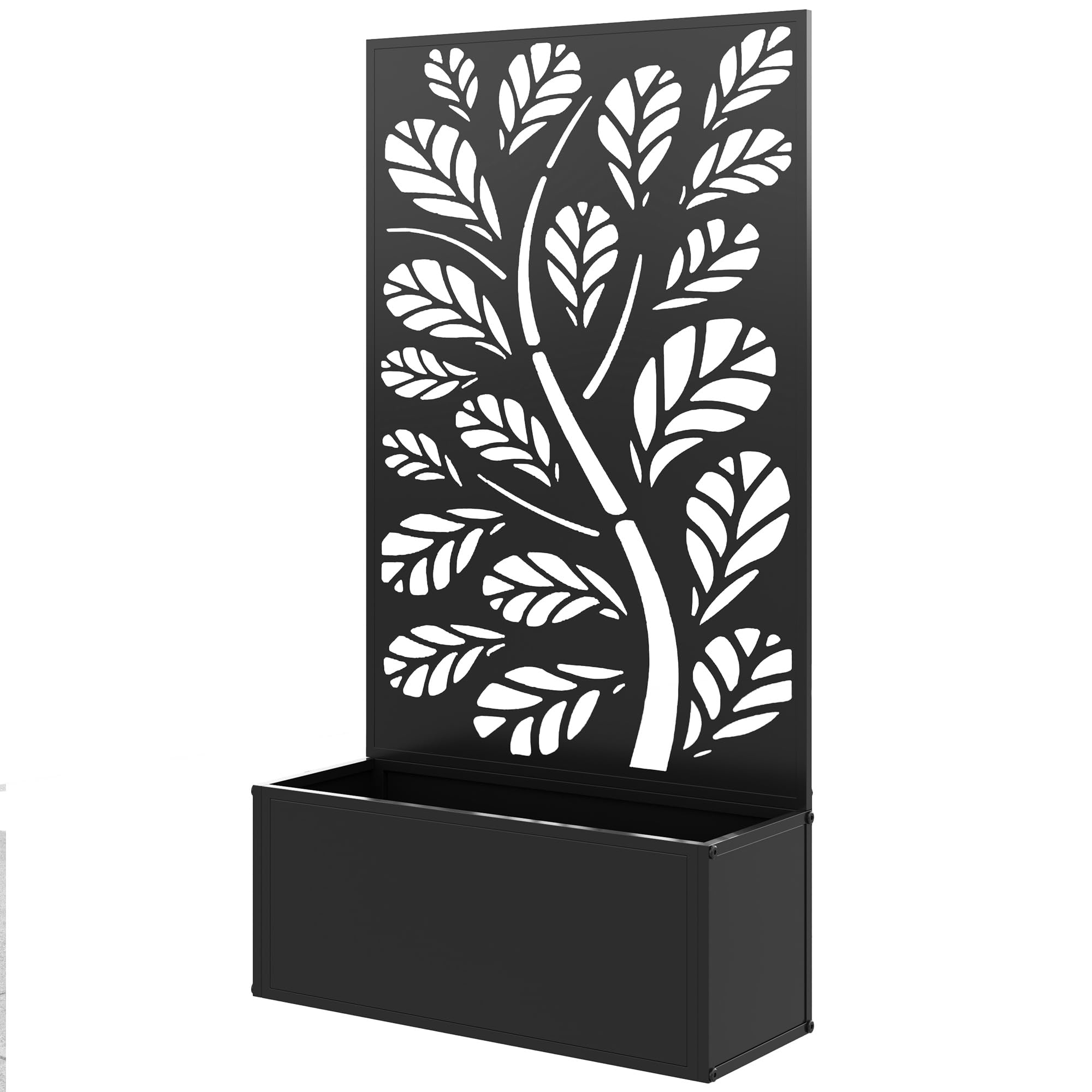 Jardinera de exterior con panel de privacidad de metal negro con motivos de hojas caladas