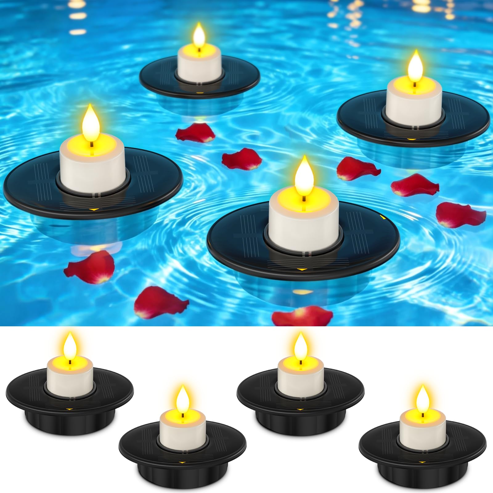 Ymenow Solar Floating Pond Lights 4 Pack, Outdoor Waterproof Hot Tub Lights, Dusk to Dawn Solar Candles for Pond, Bath, Pool, Garden, Spa, Aquarium, Party Decor