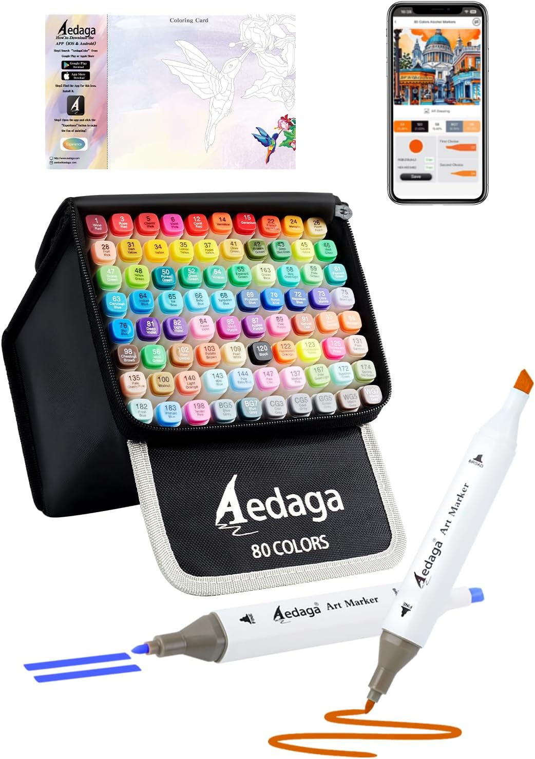 YHC 168 Colors Alcohol Markers with Free APP, Alcohol-Based Dual Chisel & Fine Tips Markers with Kickstand Case for Adult Coloring, Drawing, Painting and Sketching, Great Gift Idea for Artists