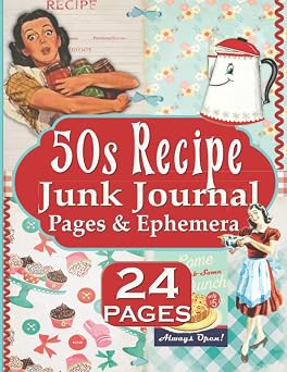 50s Recipe Junk Journal Pages & Ephemera Family DIY Cookbook Recipe Journal, 24 Retro Papers For Scrapbook And Collage