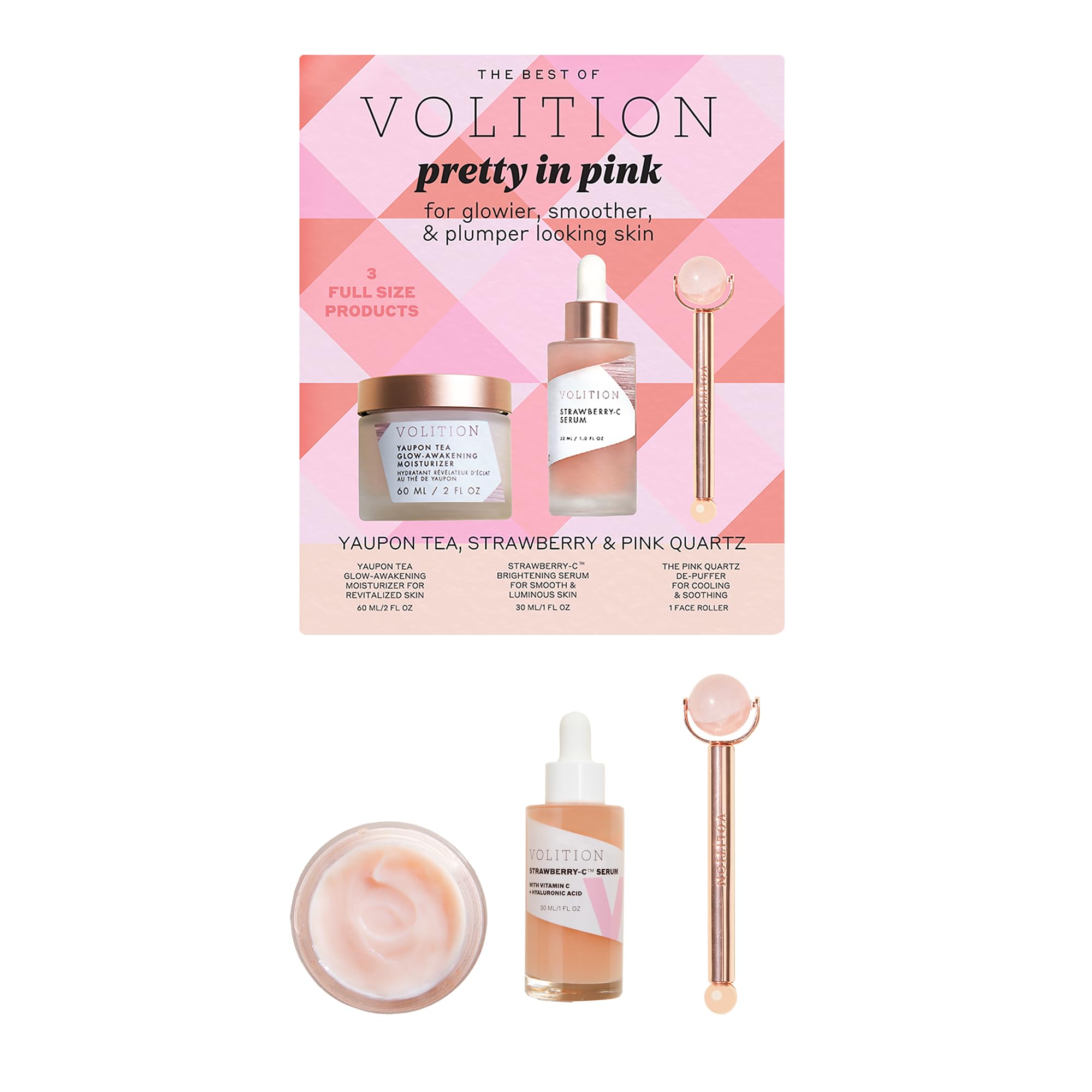 Volition Beauty Pretty in Pink Kit with Yaupon Tea Glow-Awakening Moisturizer, Strawberry-C Serum, The Pink Quartz De-Puffer | Brightens, De-Puffs, Soothes