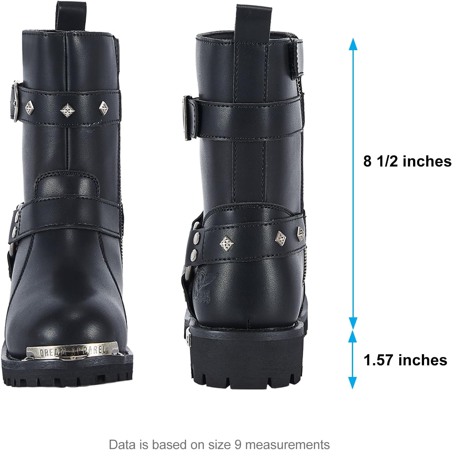 Dream Apparel Women PU Leather Harness Motorcycle Boots for Riding Waterproof Studded Biker Boots with Side Zipper & Buckle, Black Engineer Combat Mid-Calf Footwear