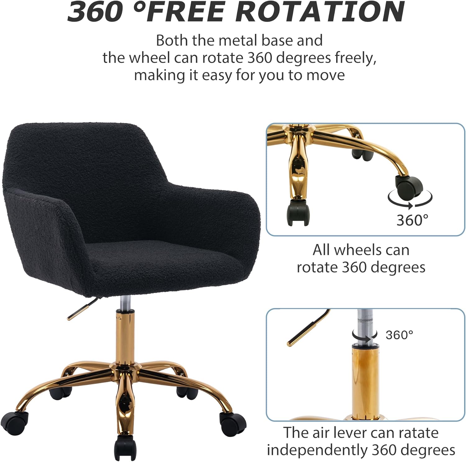 KCC Faux Fur Office Desk Chair, Comfy Swivel Armchair with Wheels, Upholstered Fuzzy Vanity Chair, Adjustable Seat Height, Black Black+golden Base