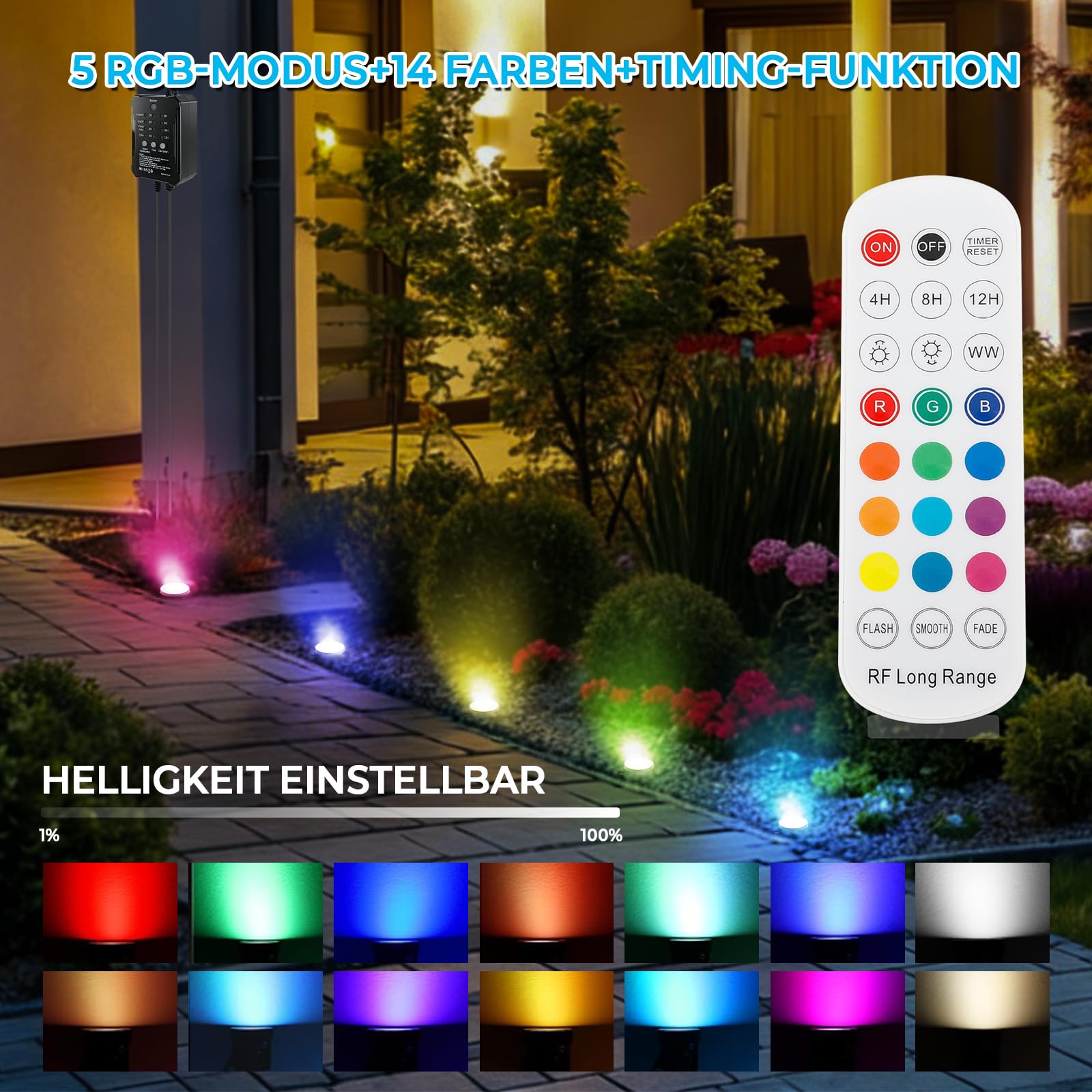 Teichbeleuchtung LED Unterwasserbeleuchtung mit Niedervolt Transformator Farbe ändernde Gartenbeleuchtung IP68 Wasserdicht für Garten, Patio, Baum, 5m Kabel, mit Fernbedienung, Schrauben, 4 Stück