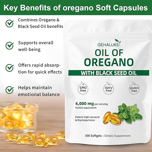 Miniatura 3 de Aceite de orégano con cápsulas blandas de aceite de semilla negra  6000 mg  Sin OMG, sin gluten  Apoyo de bienestar antioxidante y estacional  300
