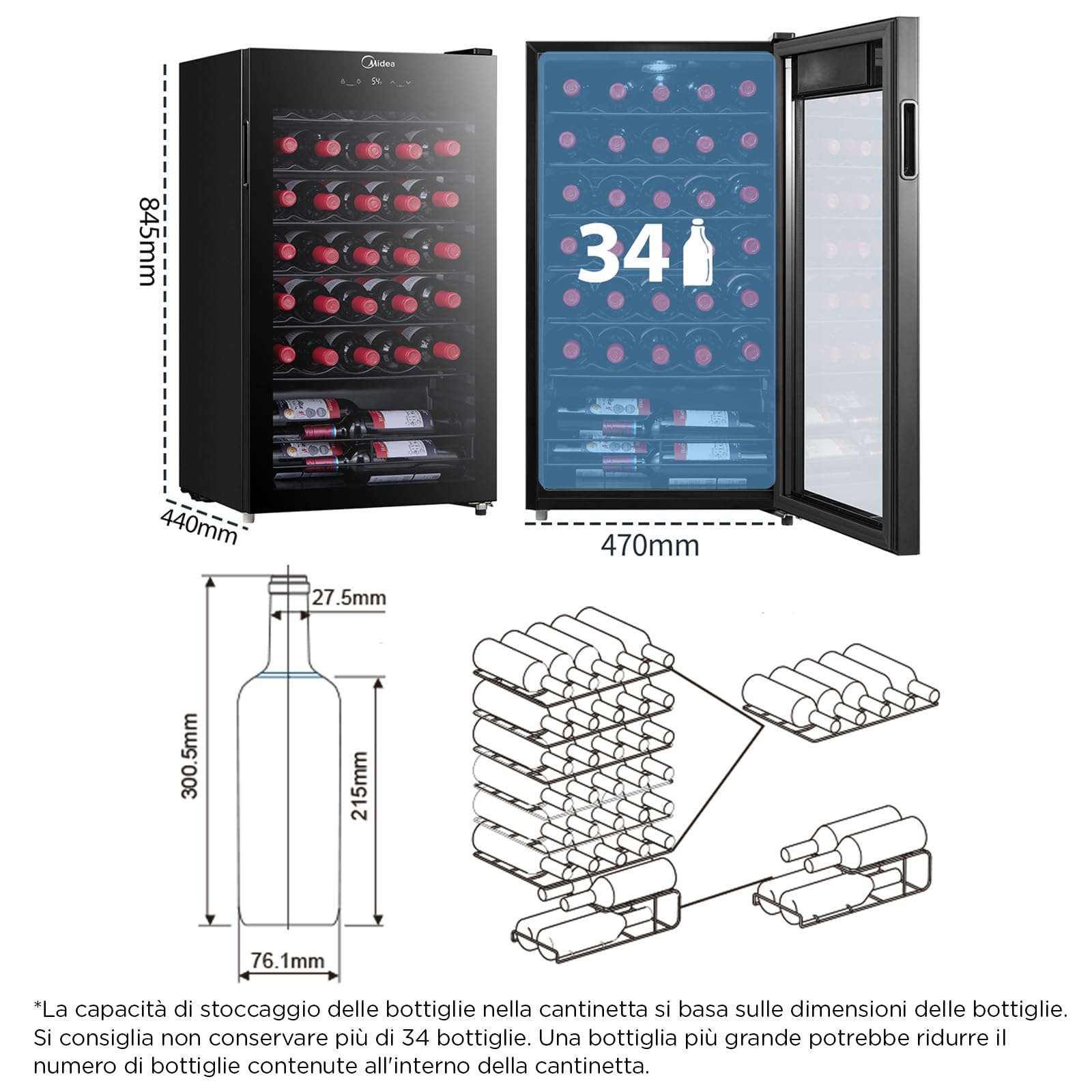 Midea Cantinetta Vino MDRW150FGG22, 34 Bottiglie, 1 Zona 5℃-18℃, Display Touch, Silenziosa 40 dB, Vetro Anti-UV, LED 3D, Installazione Libera, 47x44x84.5 cm, Nero