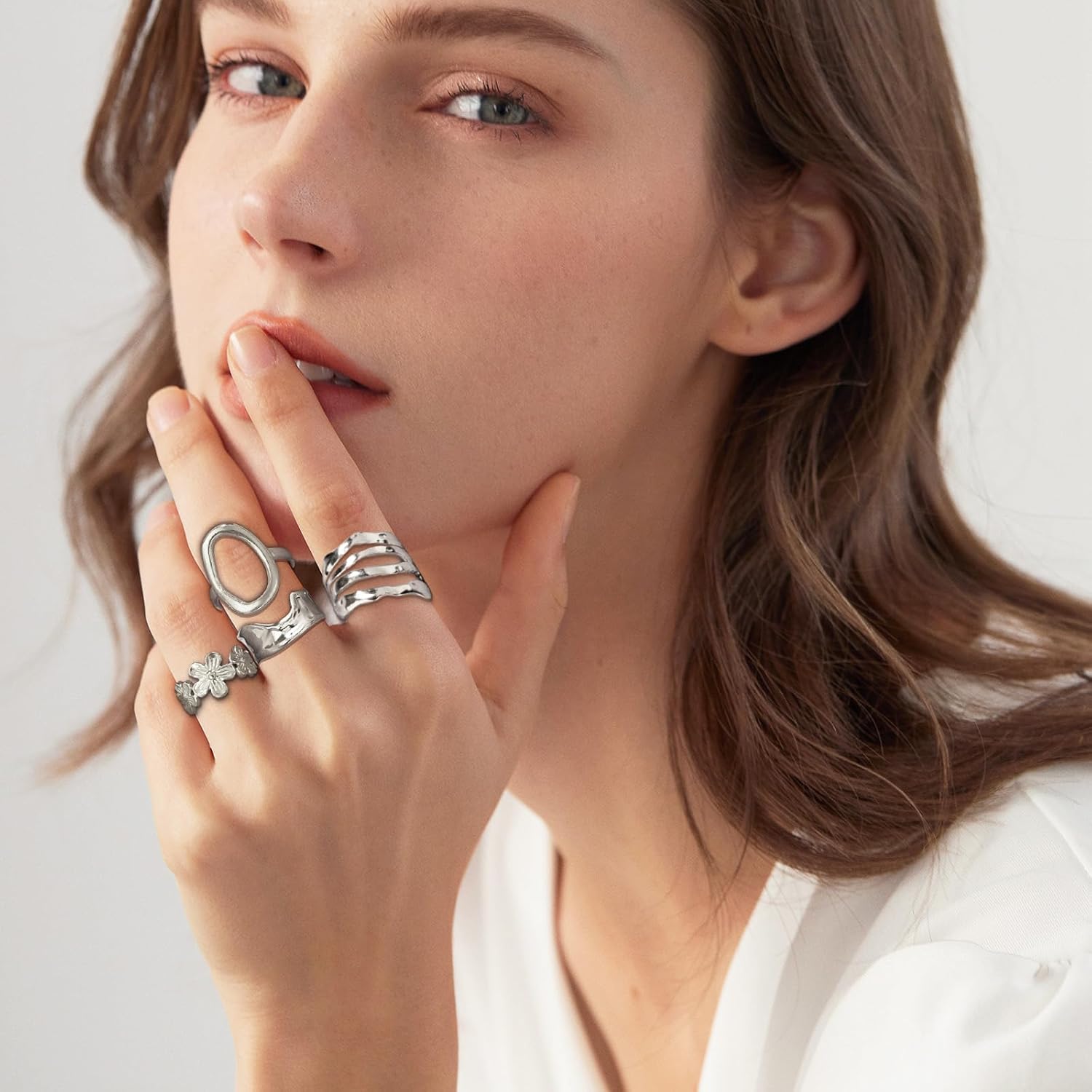 Gold Chunky Rings for Women Open Adjustable Statement Boho Rings Set Stainless Steel Silver Non Tarnish Ring Asymmetrical Wavy Curve Unique Thumb Irregular Thick Flower Ring - Image 2