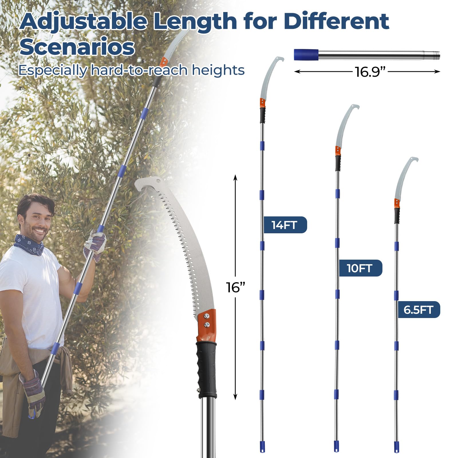 Scies à perche pour élaguer les arbres, sécateur de branches de 2,5 m de long, poteau robuste pour coupe-branches | Poignée ergonomique antidérapante pour cour, jardin et patios pour couper des