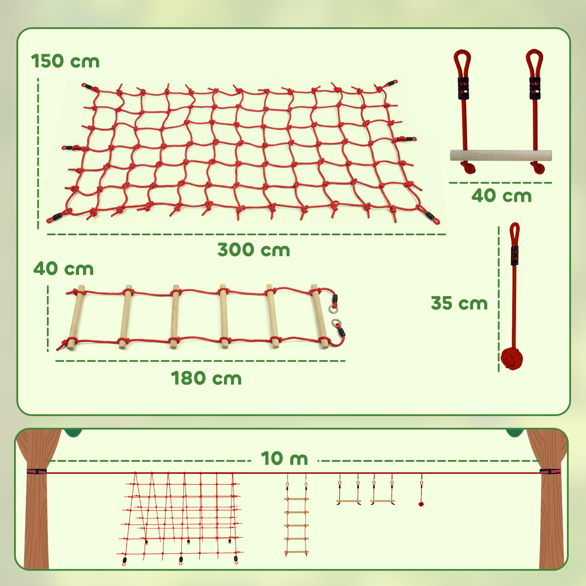 AIYAPLAY Ninja Line Kinder 10m Slackline Set mit Slackline, Turnringe, Schaukel, Kletterleiter, Kletternetz, Kletterseil, Reckstange, Outdoor Spielset Ausrüstung für 3-6 Jahre Kinder Rot