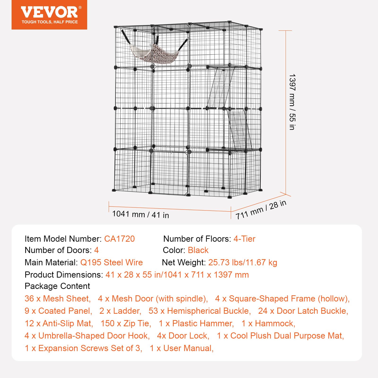 VEVOR Cage Chat 4 Niveaux, Grand Enclos Chats Fil Métallique Modulable Amovible à Monter, avec 4 Portes Avant, Échelle, Hamac, Espace Exercice Extérieur Intérieur pour Petits Animaux, 1041x711x1397 mm