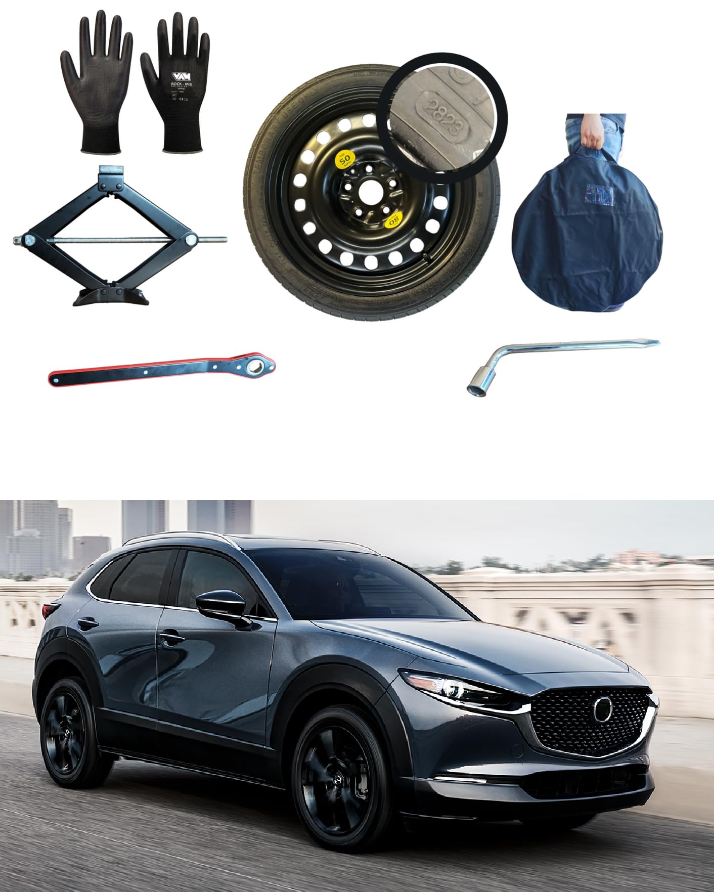 Kit rueda de repuesto de 18" compatible con Mazda CX-30 con gata, llave, guantes y funda 125/70R18