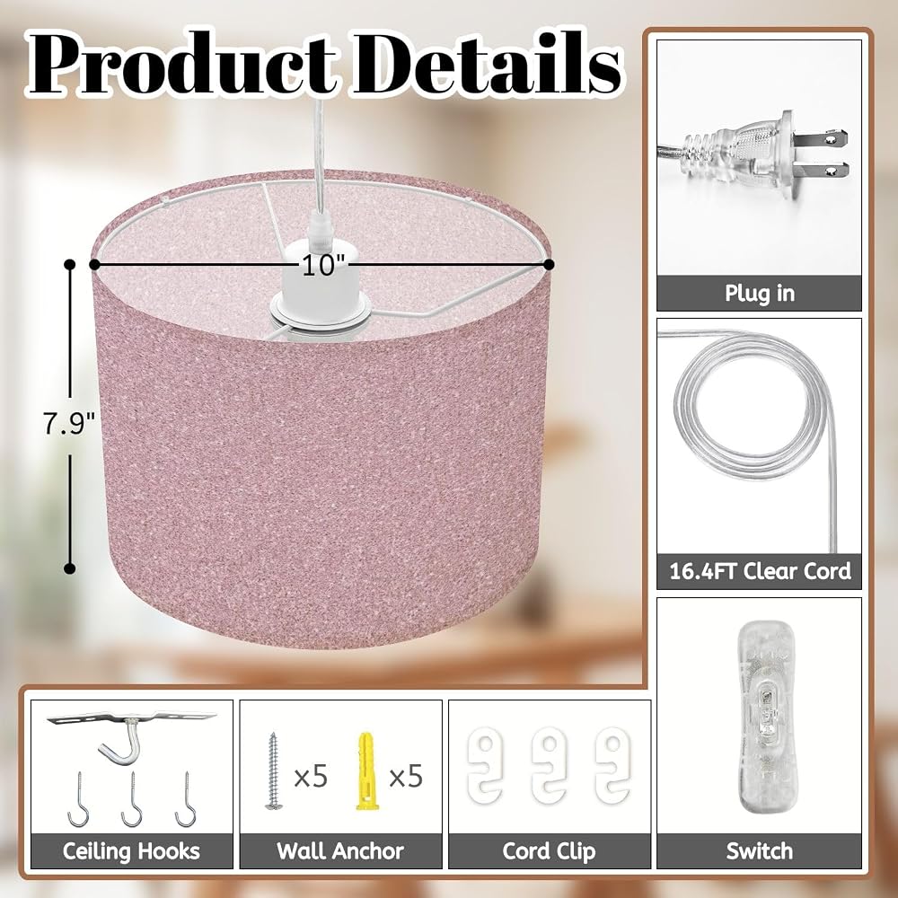 Plug in Pendant Light Glitter Pink Sparkly Bling Fine Texture Tones Even Distribution Subtle Hanging Light with Plug in Clear Cord Dimmable Switch Linen Shade Hanging Lamp Fixture for Bedroom Kitchen