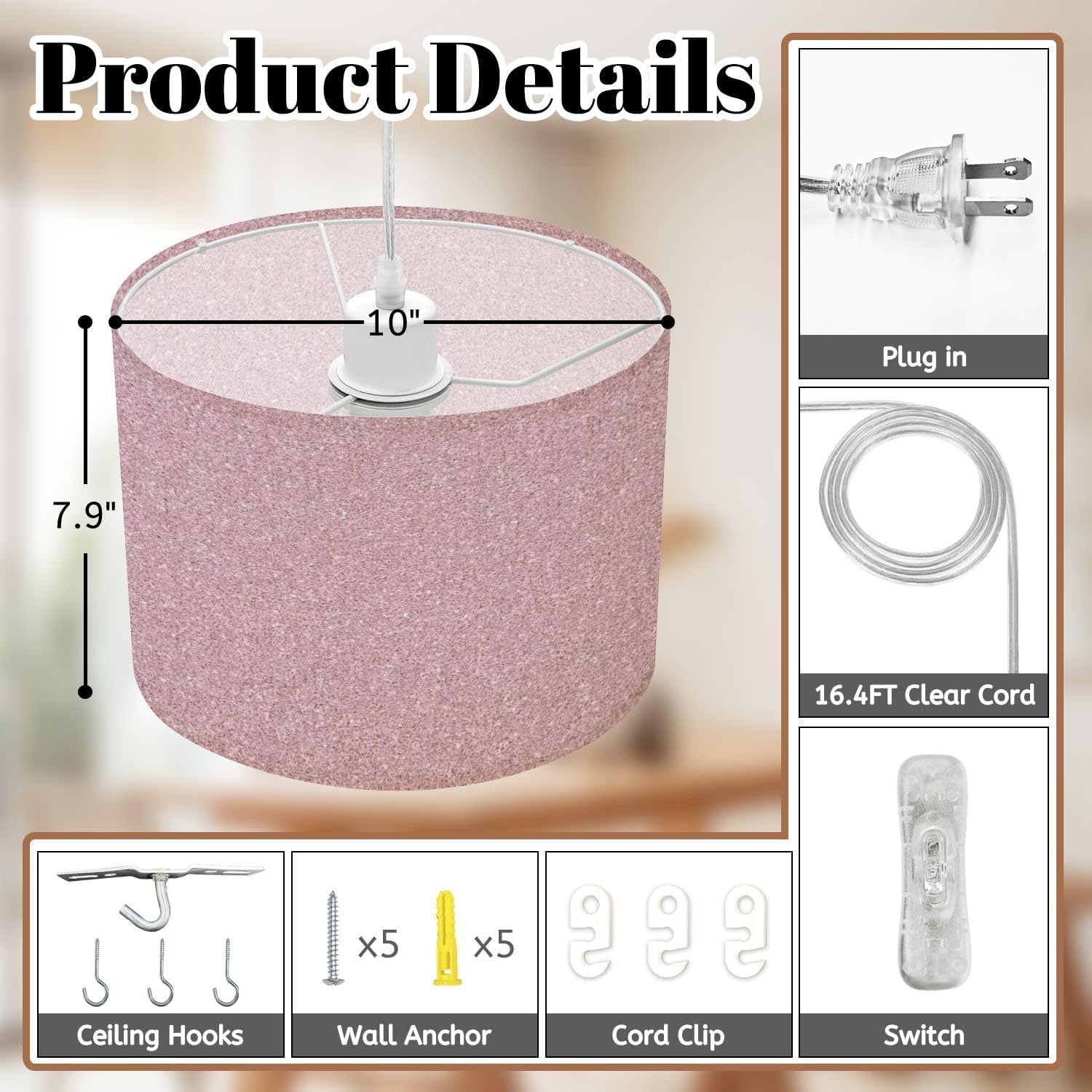 Plug in Pendant Light Glitter Pink Sparkly Bling Fine Texture Tones Even Distribution Subtle Hanging Light with Plug in Clear Cord Dimmable Switch Linen Shade Hanging Lamp Fixture for Bedroom Kitchen