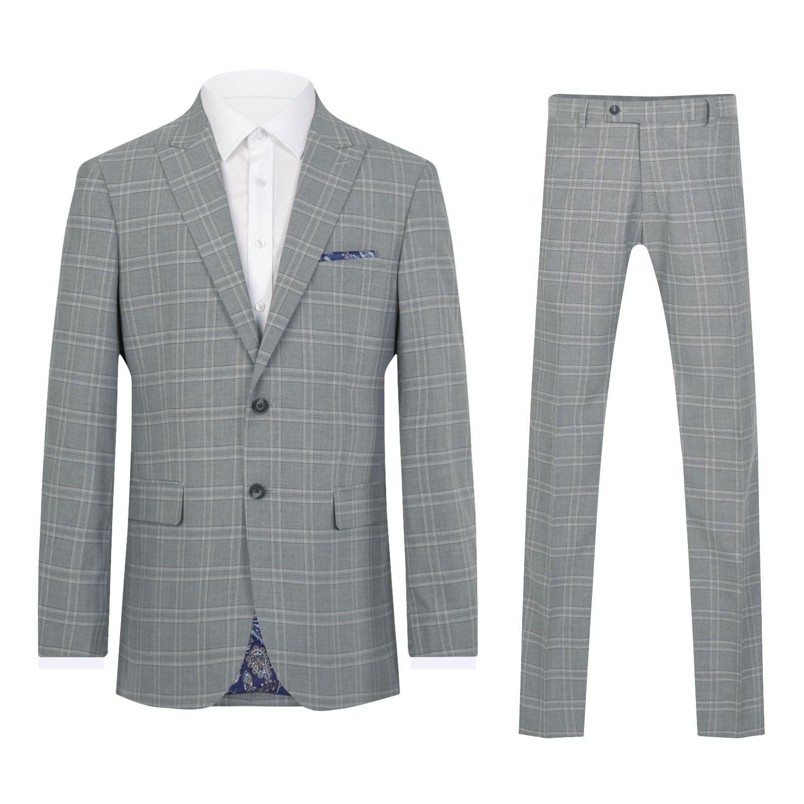 Dobell Mens Grey with Tan Check 2 Piece Suit Regular Fit Peak Lapel (38R Jacket with 32R Trousers)