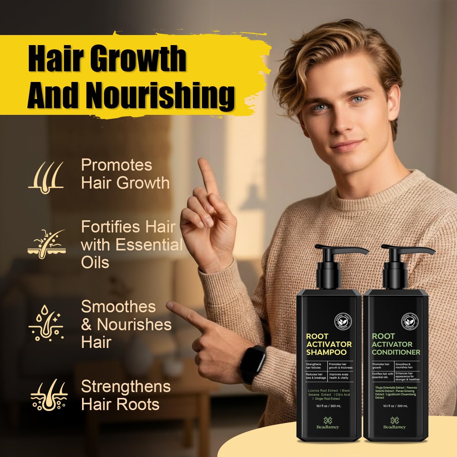 Root Activator Shampoo and Conditioner Set for Men, 10.1 fl oz Pack of 2