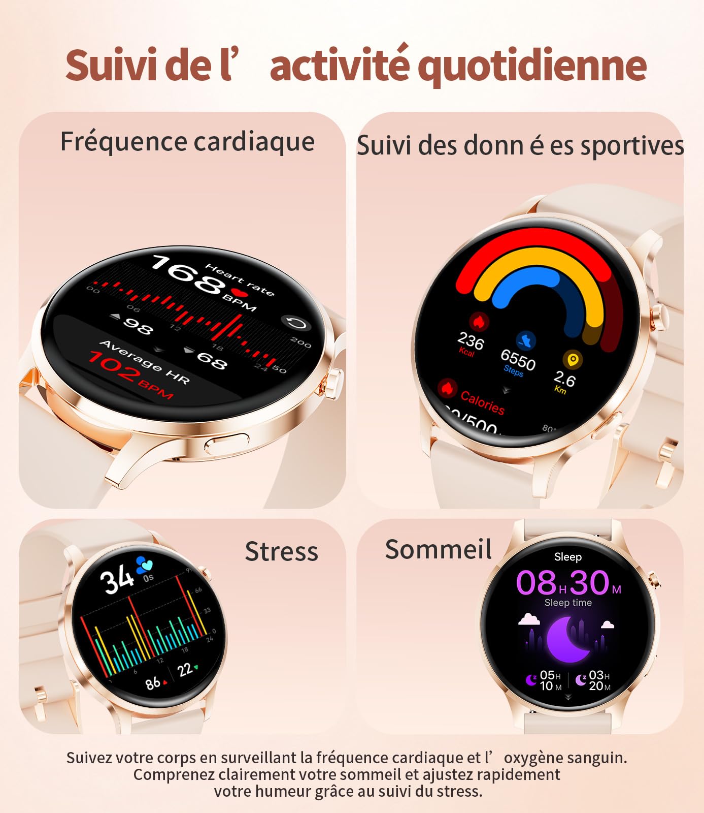 Montre Connectée Femme avec Appel Bluetooth, 1.32" AMOLED Smartwatch, 120+Sportif Sommeil, Podomètre, Fréquence Cardiaque/Sommeil/IP68 Étanche Montre Running Compatible pour Android iOS (Doré)