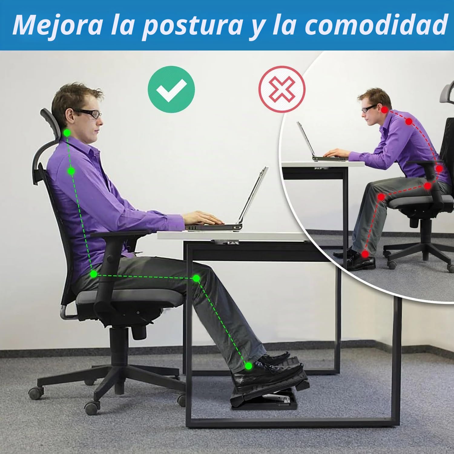 Reposa Pies Trabajo Oficina, 4 Niveles de Altura Ajustable, Reposapiés Ergonómico Plegable, con Almohadilla de Reposapiés Suave Extraíble Diseño Ergonómico para Espalda Rodilla