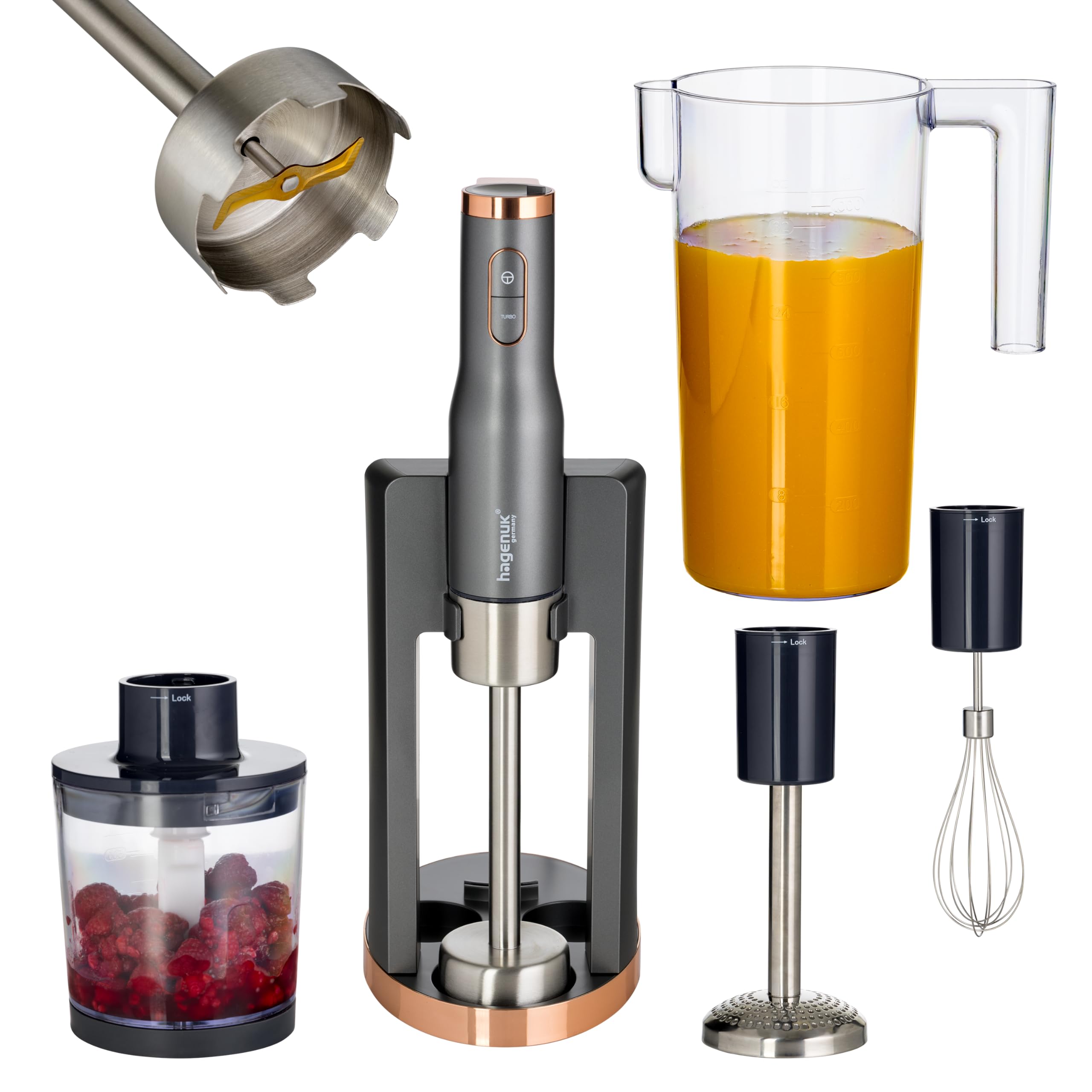 Stabmixer-Set | 800 Watt | Titan-Klinge | 7-teilig | Kartoffelstampfer | edelstahl Schneebesen | Chopper | Meßbecher