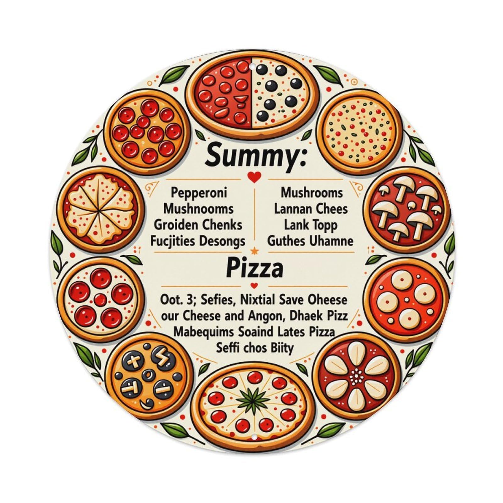 Pizza Toppings Variety Circular Design Vintage Metal Tin Sign Retro Wall Decor for Home Bar Garage Cafe, Indoor & Outdoor Decorative，circle Metal Poster, 8x8 Inch