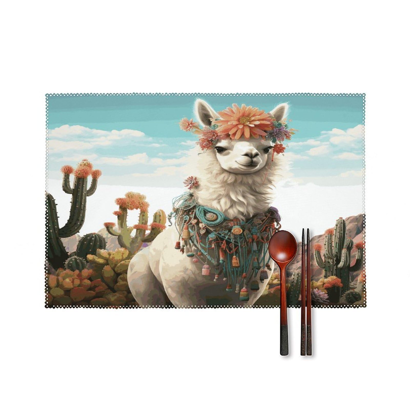 Mexican Llama Cactus Placemats Set of 4 Canvas Place Mats Non-Slip Heat Resistant Table Mats Washable Waterproof Placemat Wipeable Tablemats for Kitchen Dining Decor Place Mat