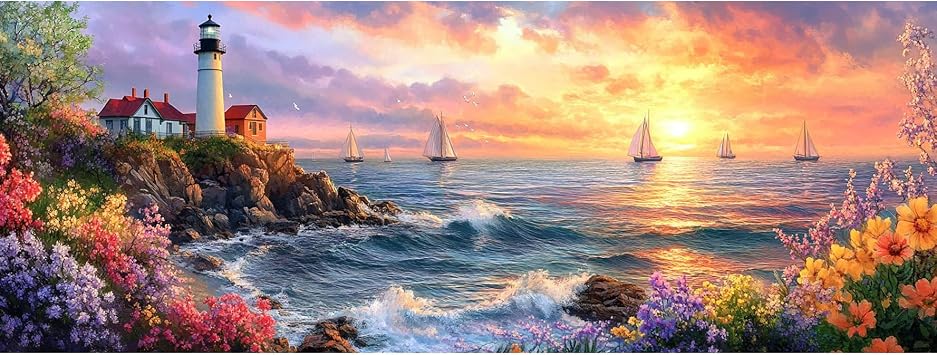 Bimkole Lighthouse Paint by Number for Adults, DIY Oil Painting Kit Landscape on Canvas with Paintbrushes and Acrylic Pigment, for Paint by Numbers for Beginner, for Home Wall Decor 31.5x11.81 Inch