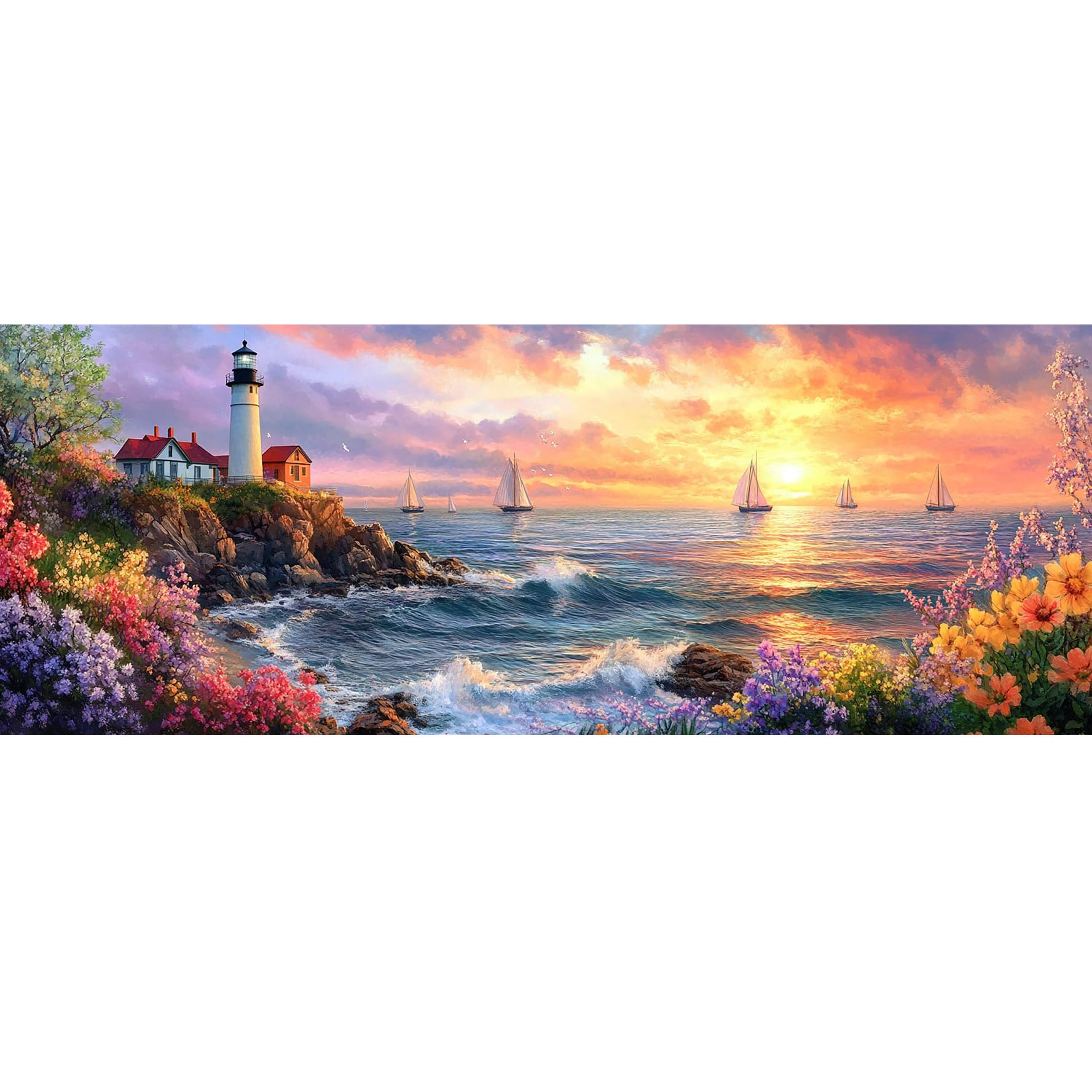 Bimkole Lighthouse Paint by Number for Adults, DIY Oil Painting Kit Landscape on Canvas with Paintbrushes and Acrylic Pigment, for Paint by Numbers for Beginner, for Home Wall Decor 31.5x11.81 Inch