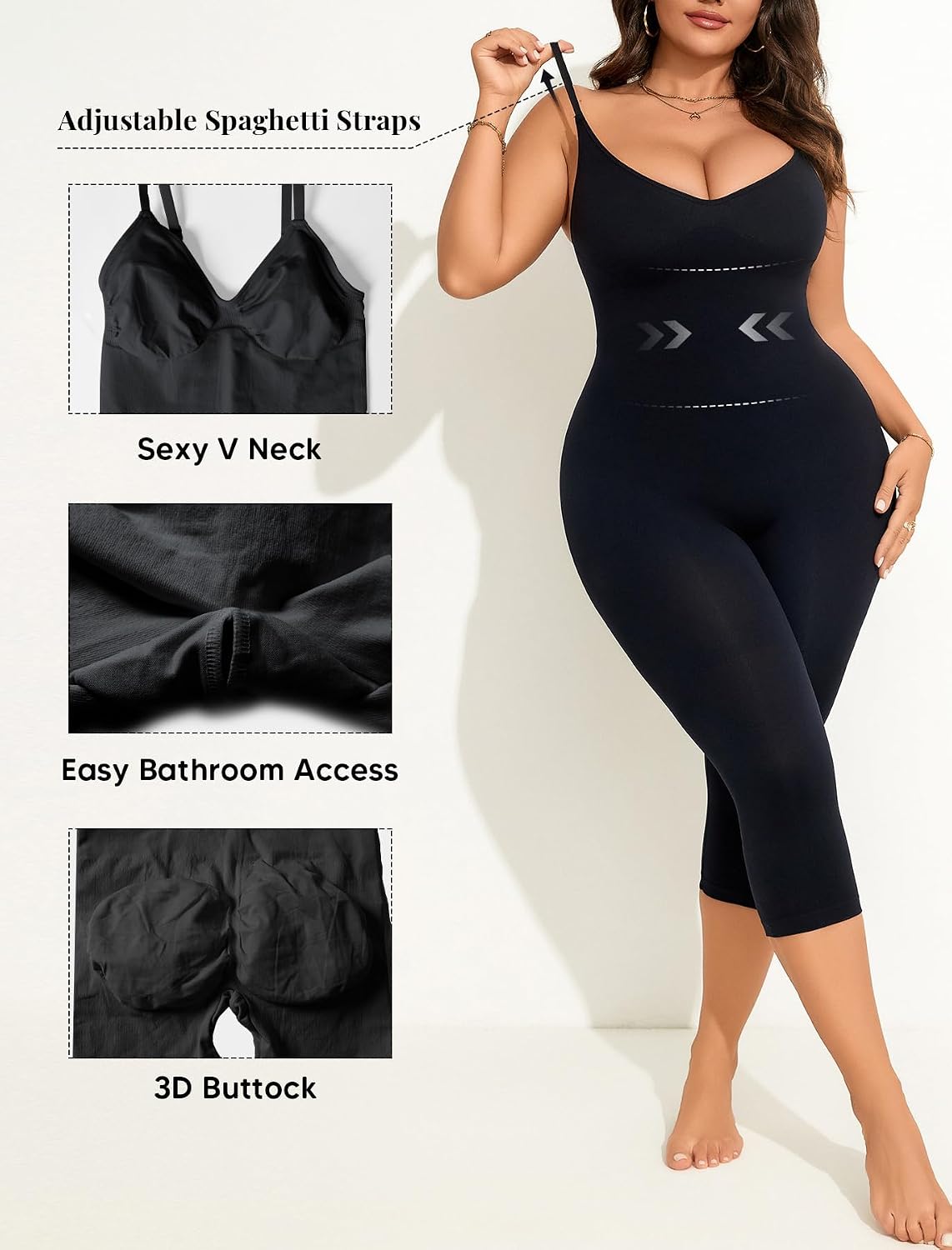 Women's Tummy Control Shapewear Bodysuit, Seamless Fully Body Capri Medium Compression Sculpting Body Suit Shaper