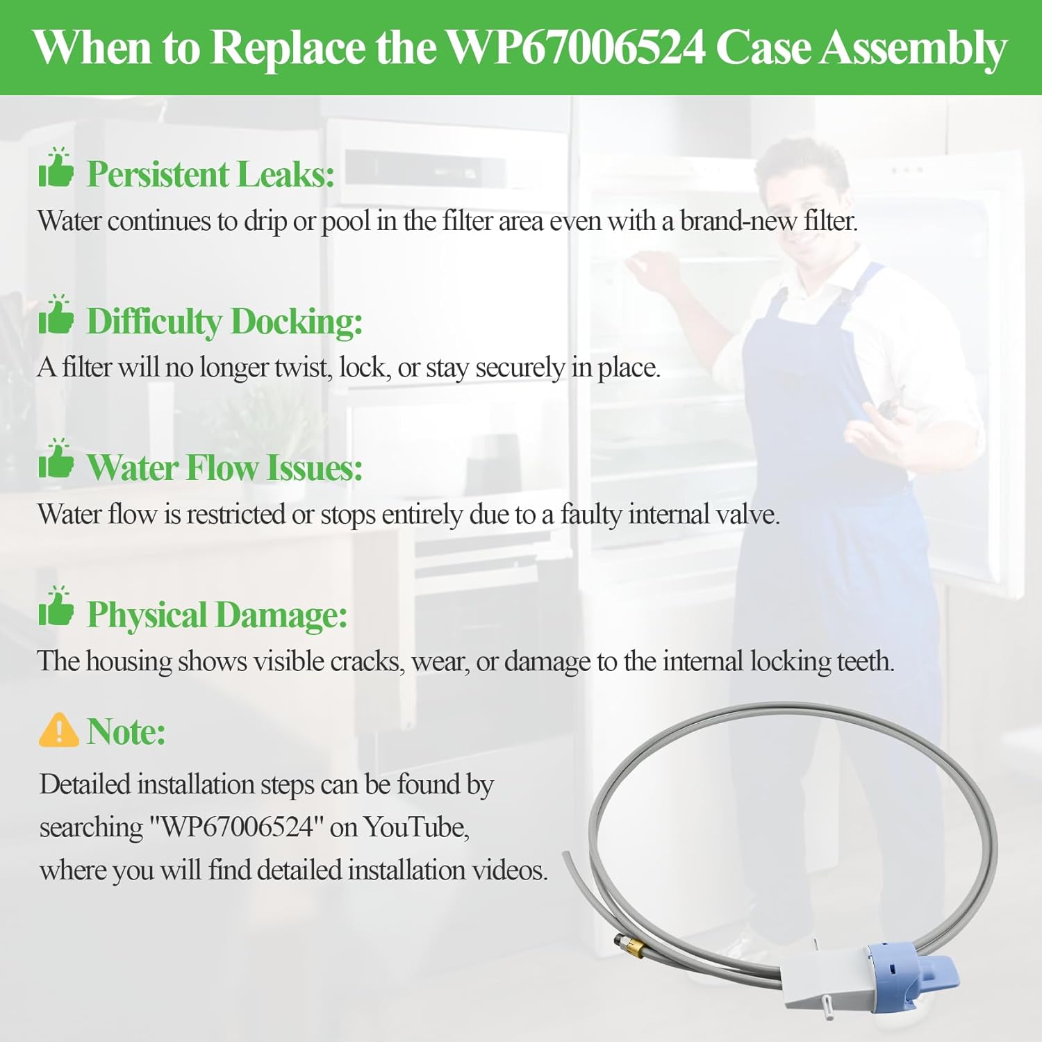 WP67006524 Filter Head & Tube Compatible with Whirlpool Refrigerator etc. OEM 67006524 Filter Head for GX5FHTXTT01 MSD2652KES KBFS25EVWH00 59676593600 JCD2295KEP ASD2625KEQ etc. -1 Year