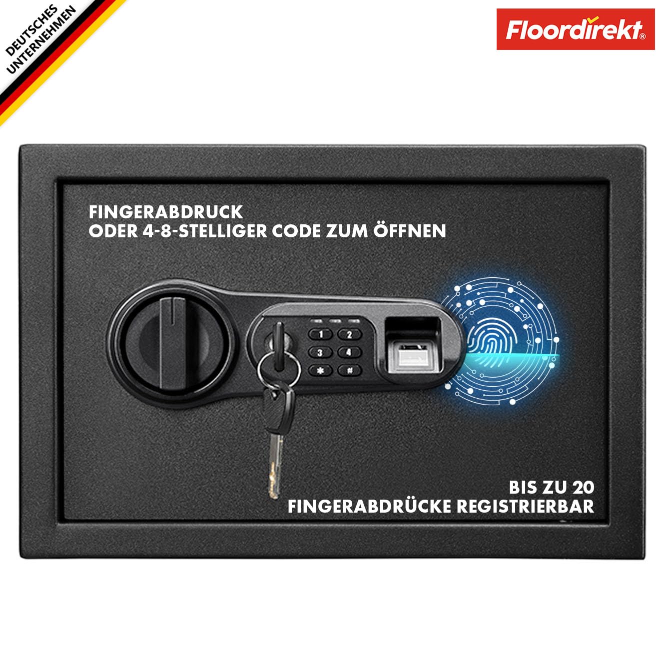 Floordirekt Tresor Catoca 30 x 38 x 30 cm Möbeltresor Safe mit Fingerabdruck Sensor - elektronisches Zahlenschloss, Kombinationsschloss - Wandtresor für Zuhause mit Verriegelungsbolzen