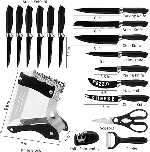 Miniatura 2 de Numola Juego de cuchillos de cocina de 17 piezas con bloque y afilador, juego de cuchillos de chef ultra afilados de acero inoxidable antiadherente,