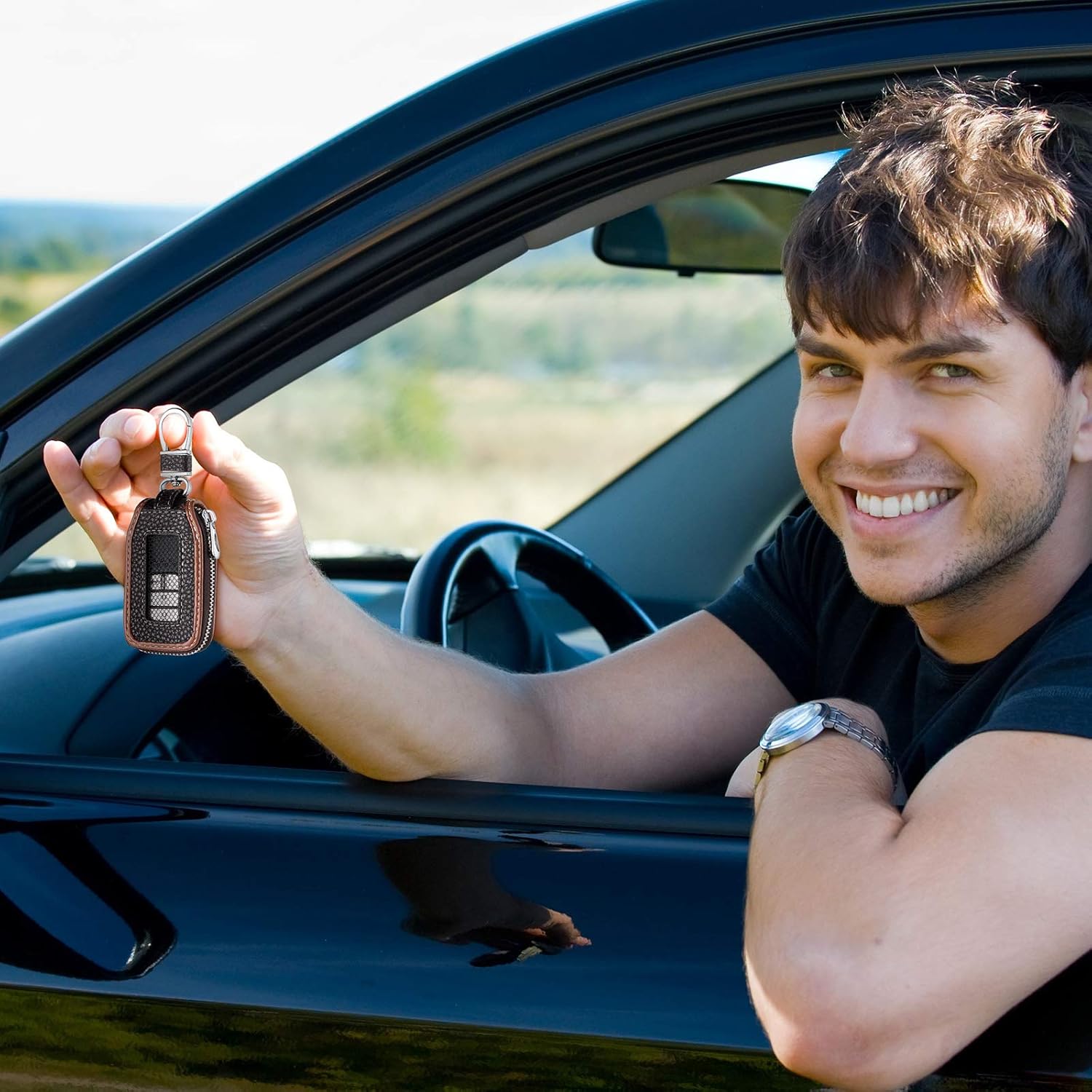 Frienda 2 Pieces Leather Car Key Chain Case Holder Auto Key Fob Smart Protector Cover (Black and Brown) : Automotive