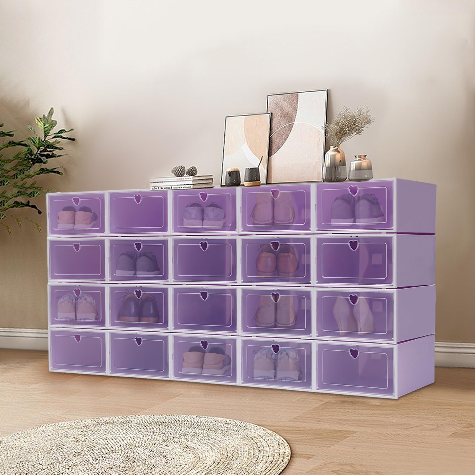 20 cajas de zapatos transparentes, cajas de almacenamiento de zapatos de plástico transparente apilables con tapa para el hogar, armario plegable y apilable, color morado