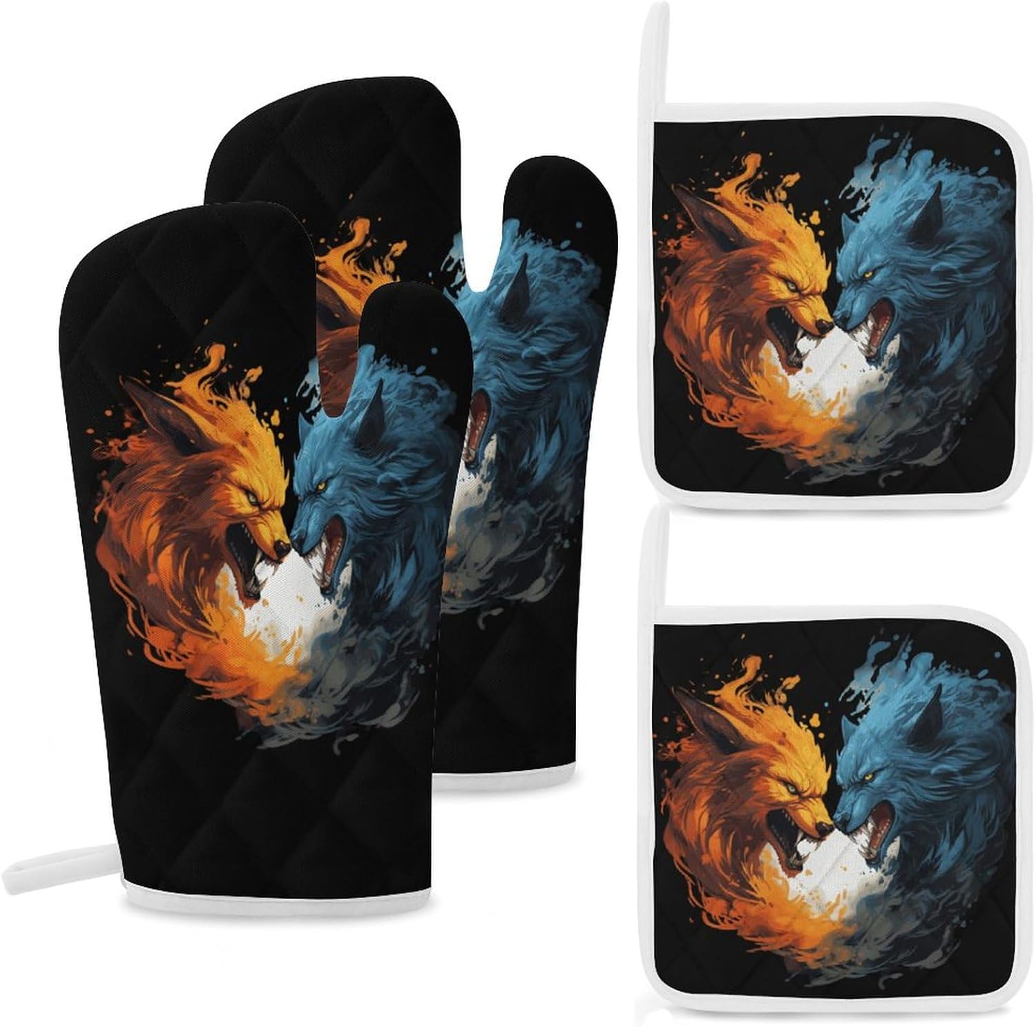 Wolf Face in Ice and Fire 4 Pcs Oven Mitts and Pot Holders Set High Heat Resistant Long Kitchen Oven Glove Potholders