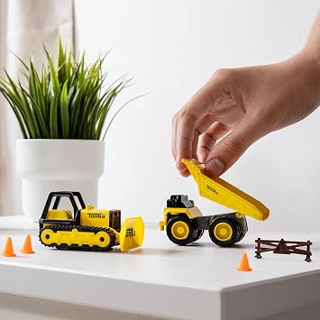 Mini Classics - Tonka 2-Pack (Metal Movers Dump Truck and Bulldozer with 3 Traffic Cones and Barrier Fence), Ages 3+ for Boys and Girls, Ideal for Kids, Toddlers