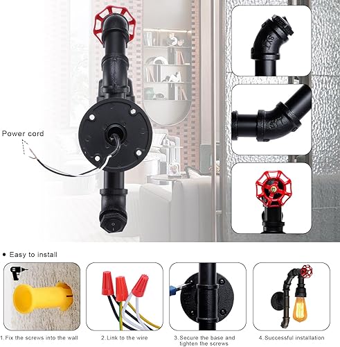 Miniatura 2 de XEYOU Lámpara de pared retro vintage industrial steampunk aplique de pared con interruptor, tubo de agua de metal, lámpara de pared E26 Edison