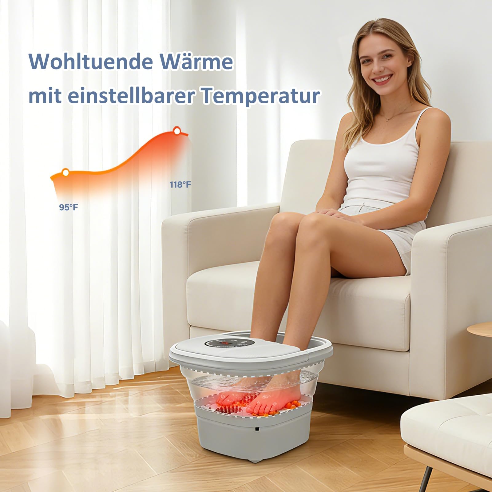 Fussbad mit Massagefunktion,Fußbad Massagegerät Elektrisch mit Timer klappbares,Fussbadewanne mit Massage mit Blasen 16 Rollen Temperatureinstellung Touchscreen-Steuerung und Fernbedienung