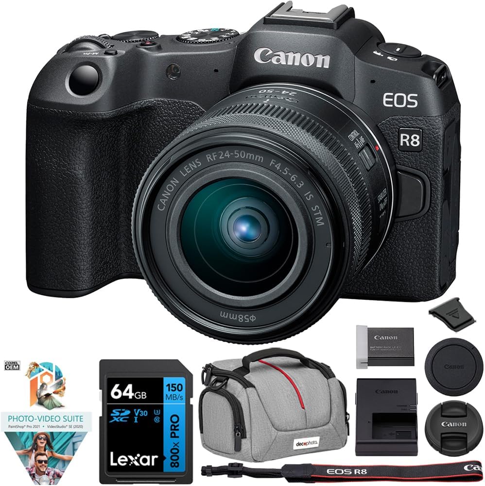 Canon EOS R8 Full Frame Mirrorless Camera + RF 24-50mm F4.5-6.3 is STM Lens 5803C012 Bundle with Lexar Premium 64GB SDXC Memory Card, Deco Essentials Camera Bag and Corel Photo Video Suite