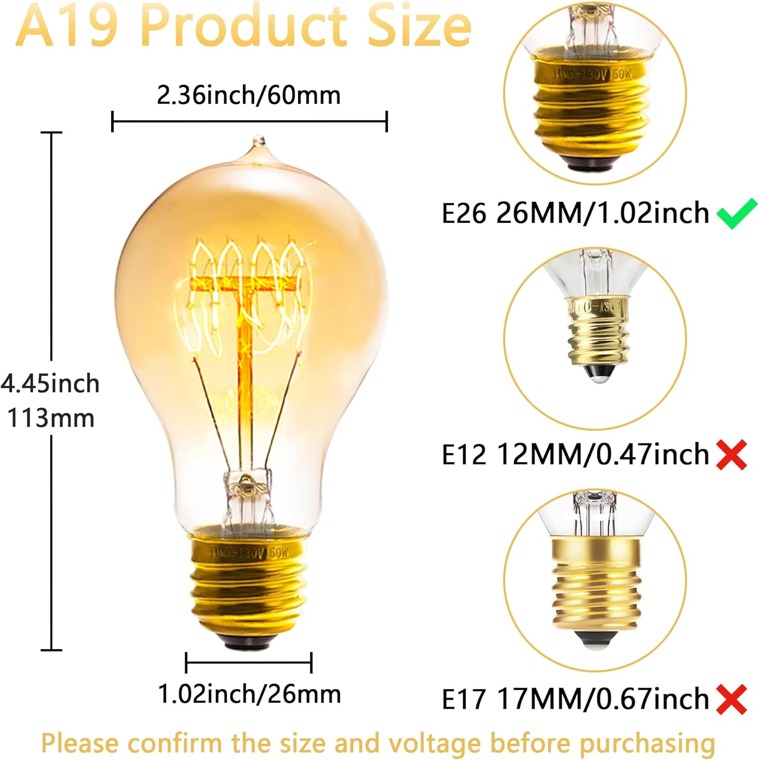 A19 Edison Light Bulb,E26 Incandescent Light Bulbs 60W Antique Vintage Bulb,2200K Dimmable Warm White 280 Lumens Amber Retro Decorative Old Fashioned Incandescent Bulb,Squirrel Cage 6 Pack