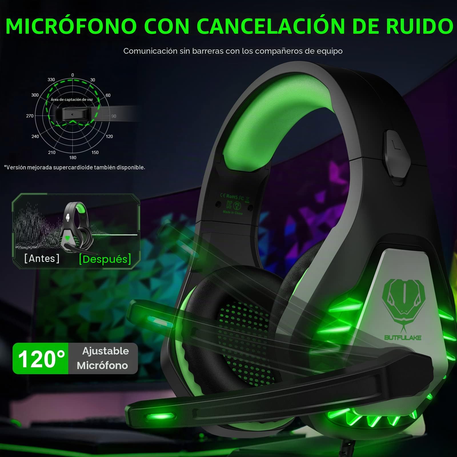 Pacrate Auriculares para Videojuegos 2023 - PS4 PS5 PC Xbox One, Xbox Series X - LED Clarity Sound con Micrófono de Cancelación de Ruido de 3,5 mm (Negro Verde)