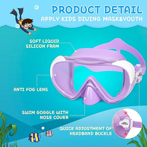 Miniatura 3 de Máscara de natación para niños, máscara de buceo de esnórquel de 180, gafas de natación antivaho para niños con cubierta para la nariz, gafas de